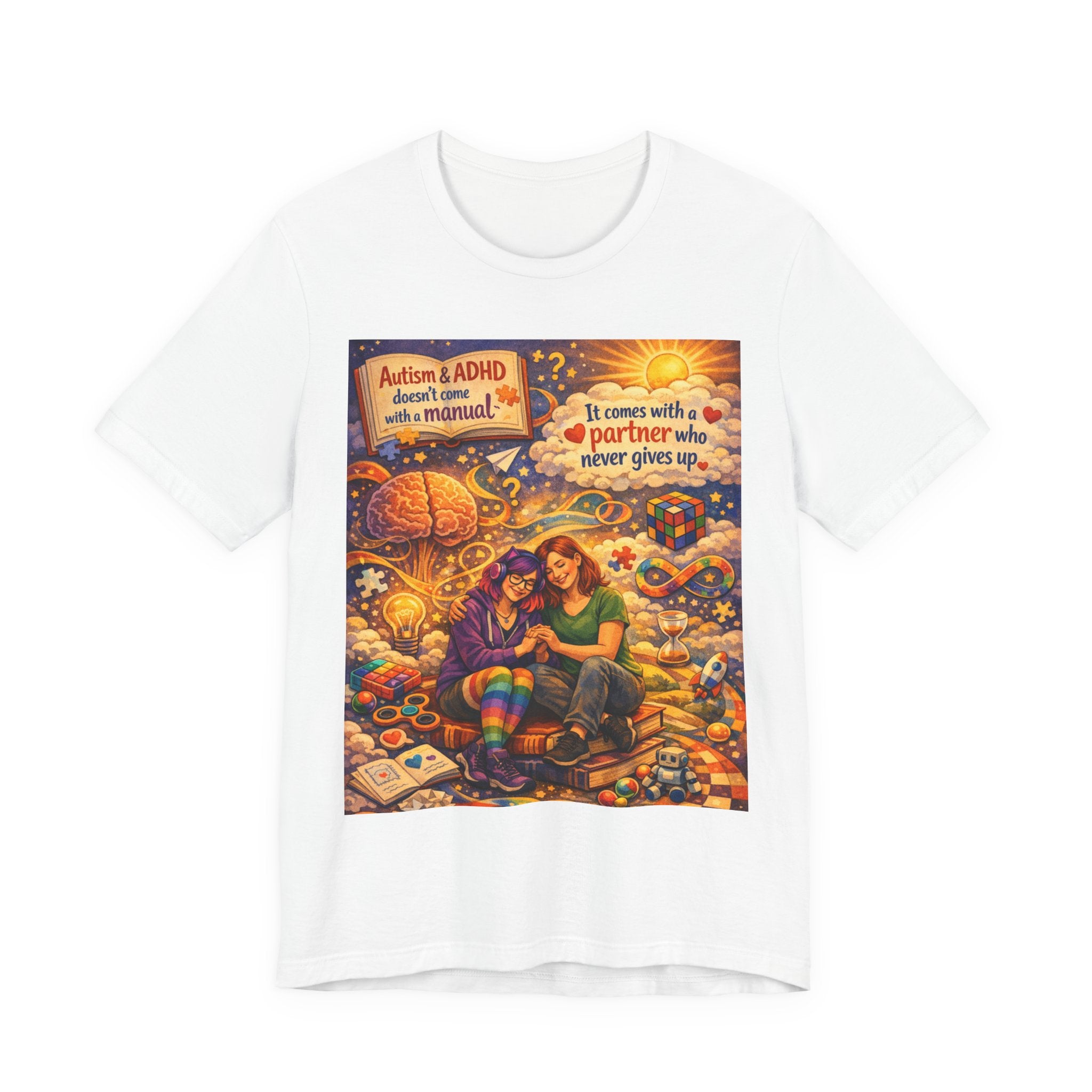 Autism & ADHD Partner Support Tee — "It Comes With a Partner Who Never Gives Up"