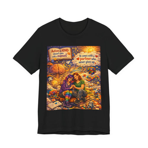 Autism & ADHD Partner Support Tee — "It Comes With a Partner Who Never Gives Up"
